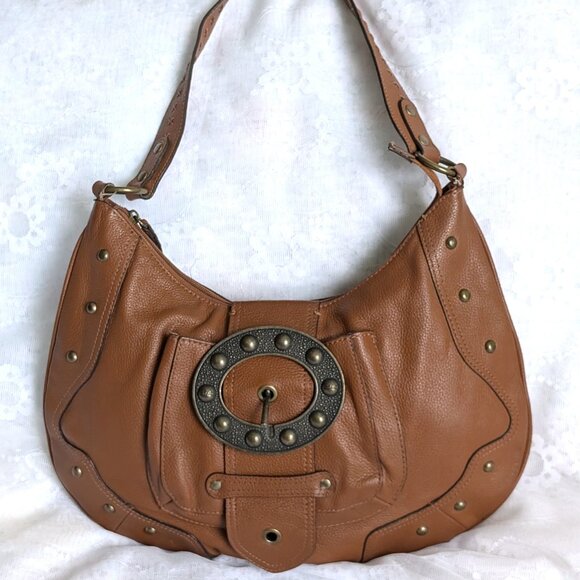 HYPE Vintage Brown Pebbled Leather Brass Buckle Hardware Tote Shoulder Bag Purse - Picture 1 of 16